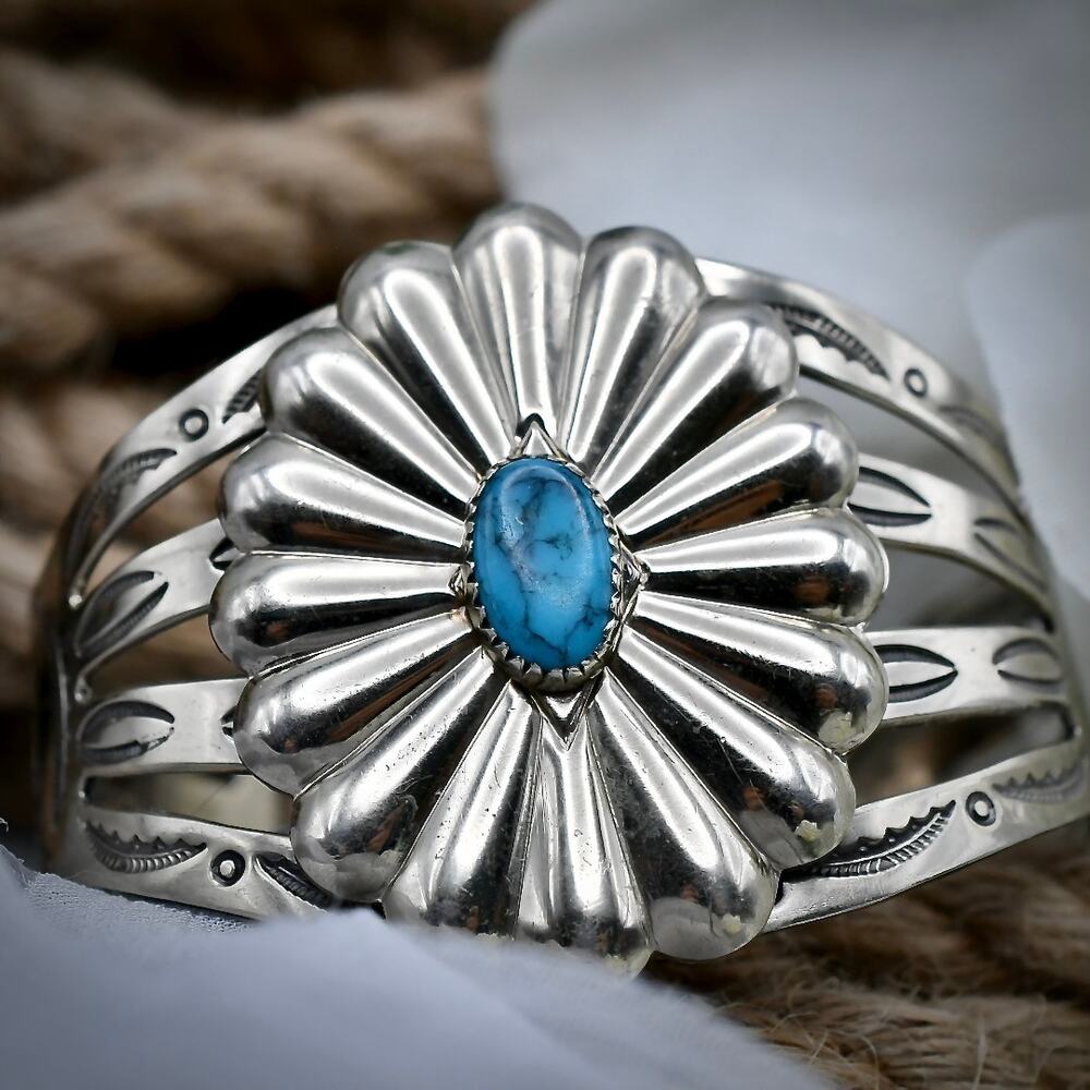 Vintage Bell Trading Post Nickel Silver Native Style Turquoise Cuff Bracelet